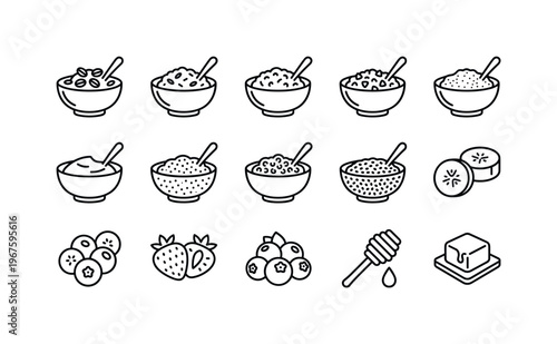 Collection of breakfast food icons: oatmeal, berries, honey, and butter