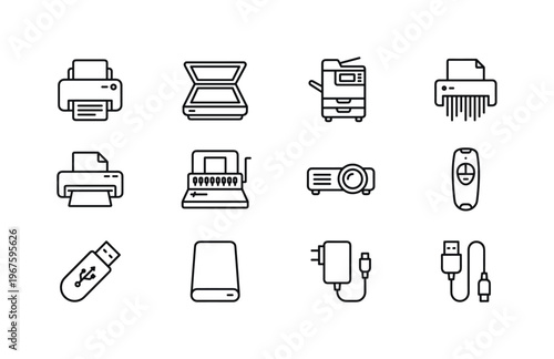Printer, scanner, copier machine, shredder, laminator, binding machine, projector, presentation remote, USB flash drive, external