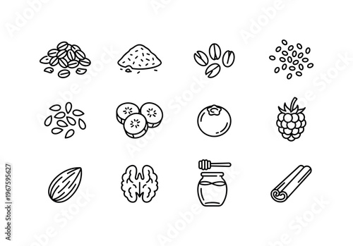 Rolled oats, oat bran, steel-cut oats, chia seeds, flax seeds, sliced banana, blueberry, raspberry, almond, walnut, honey jar,