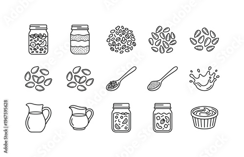 Overnight oats jar, layered chia pudding jar, granola topping pile, sunflower seeds pile, pumpkin seeds pile, flax seeds spoon,