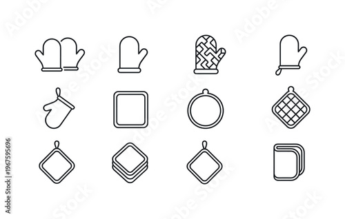 Oven mitt pair, single oven mitt, mitt with pattern, mitt with loop, mitt hanging, pot holder square, pot holder round, pot holder