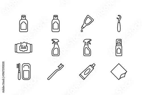 Pet shampoo bottle, pet conditioner bottle, flea treatment pipette, tick remover tool, pet wipes pack, cleaning spray bottle,