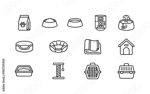 Pet food bag, pet food bowl, water bowl, automatic feeder, water fountain, pet bed, pet blanket, pet house, litter box, scratching