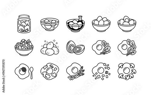 Pickled eggs jar, marinated eggs bowl, soy sauce eggs, tea eggs, salted eggs, century egg halves, egg with caviar, egg with