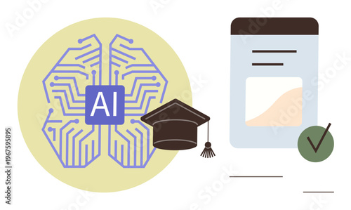 Education, AI integration, digital learning, certification, academic technology, innovation. AI brain graphic, graduation cap electronic document with checkmark. Education and AI integration concept