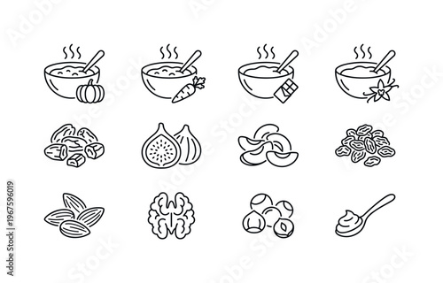 Pumpkin porridge bowl, carrot porridge bowl, chocolate porridge bowl, vanilla porridge bowl, chopped dates, fig halves, apricot