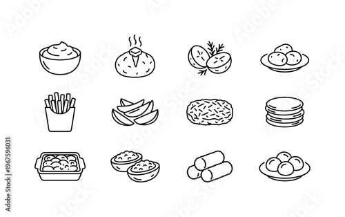 Mashed potatoes bowl, baked potato with slit, roasted potato halves, boiled potatoes plate, french fries portion, potato wedges