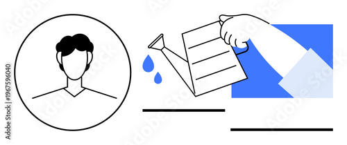 Personal growth, self-care, mentoring, education, self-improvement, nurturing ideas. Profile of a person alongside a hand watering concept. Personal growth and self-care visually