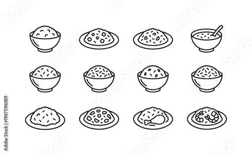 Steamed rice bowl, fried rice plate, rice pilaf plate, rice porridge bowl, brown rice bowl, wild rice mix bowl, jasmine rice bowl,