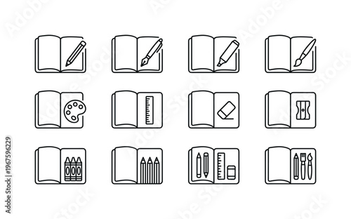 Sketchbook with pencil, sketchbook with pen, sketchbook with marker, sketchbook with brush, sketchbook with paint palette,