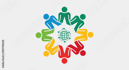 Diverse people holding hands around globe.