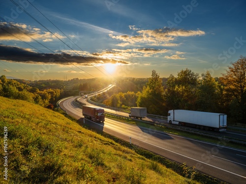 Trucks driving on the highway winding through forested landscape in autumn colors at sunset