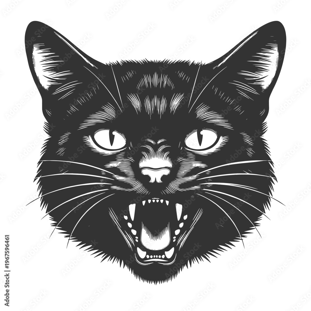 Fototapeta premium angry black cat face with bared fangs, sharp whiskers, and an intense fierce expression sketch engraving generative ai vector illustration. Scratch board imitation. Black and white image.