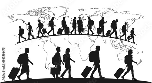 Silhouette of people traveling around the world.