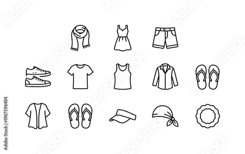 Light scarf, summer dress, shorts, t shirt, tank top, lightweight shirt, beach cover up, flip flops, canvas sneakers, sun visor,