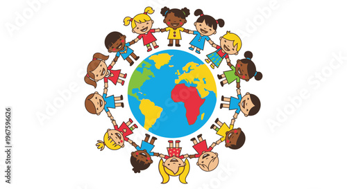 Diverse children holding hands around the globe.