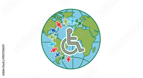 Global accessibility symbol on world map.