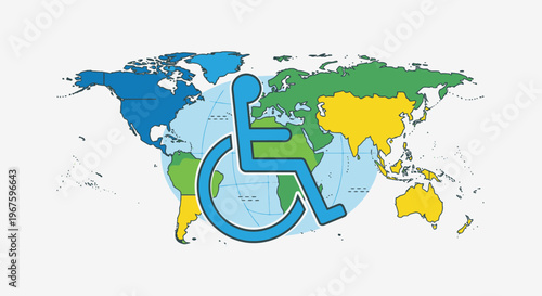 Global disability awareness symbol on world map.