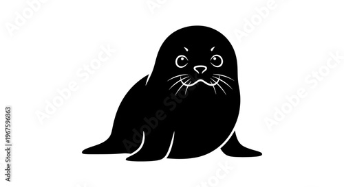 Cute black cartoon seal pup isolated on white background
