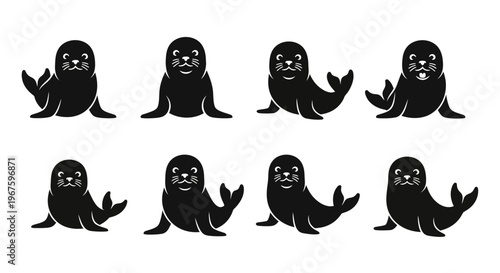 Cute black cartoon seals in various poses