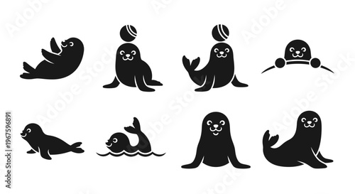 Cute sea lion and seal icons in various playful poses