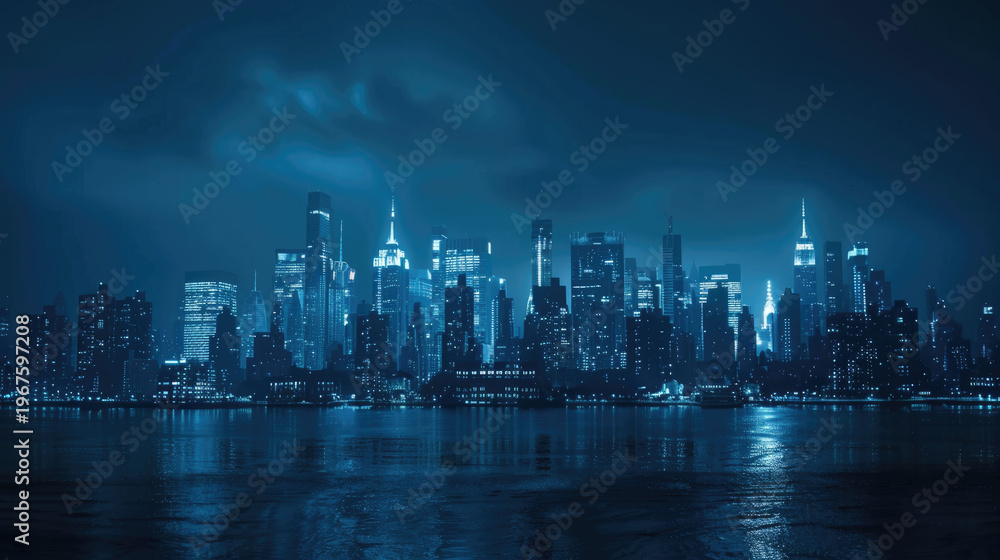 Fototapeta premium modern city skyline in blackout during global energy shortage crisis, only few buildings with dim lights.