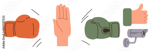 Conflict resolution, surveillance, security, monitoring, safety, control. Pair of boxing gloves, open palm thumbs up and CCTV camera. Conflict resolution and surveillance concepts