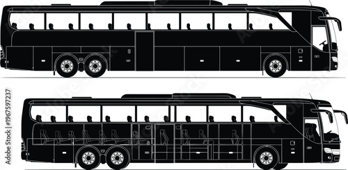 Detailed black silhouette set of modern passenger tour bus and luxury coach vehicle from side view isolated on white background for transportation design.