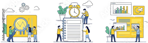 Flat vector illustration of modern delivery logistics services featuring traditional post box mobile tracking apps and courier workers managing parcel shipments and mail.