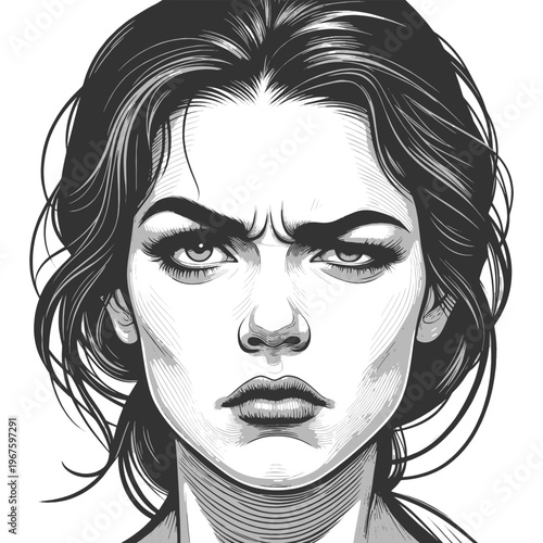 woman face with a serious, intense expression, highlighting emotion, beauty, and strong character features sketch engraving generative ai vector illustration. Scratch board. Black and white image.