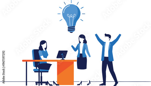 Flat vector illustration of professional business team brainstorming creative ideas at desk with glowing light bulb symbol representing innovation success and collaborative teamwork.
