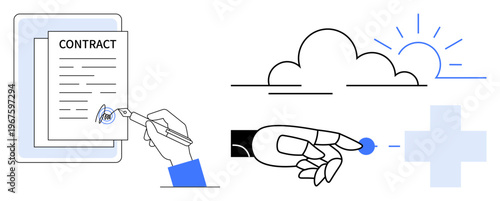 Legal processes, robotics, AI innovation, healthcare, technology evolution, cloud features. A hand signing a contract, robotic hand interacting with medical symbol. Legal processes and robotics