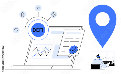 Decentralized finance, digital certification, blockchain, investment tools, market analysis, geolocation services. Laptop with DEFI, certificate chart and geolocation pin. Decentralized finance