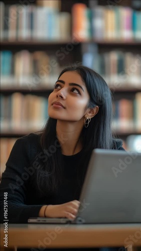 A young woman deeply concentrating on her computer work at a library, surrounded by bookshelves filled with books. She appears to be focused on research or academic tasks.