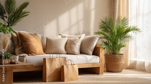 Cozy modern living room with shopping bags and plants, perfect for home décor advertising and lifestyle retail campaigns