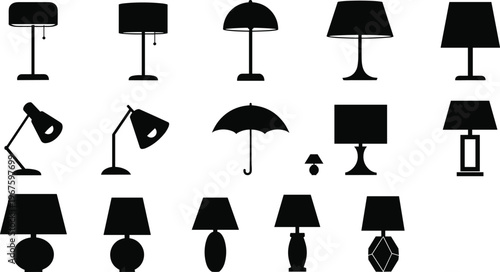 WebBlack Lamp Silhouette Vector Icon Set Featuring Desk Lights Bedside Table Lamps Floor Lighting Modern Interior Furniture Decorative Shades and a Hidden Umbrella