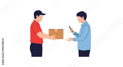 A delivery man in a red shirt hands a package to a customer who is holding a smartphone and reaching out to receive it.