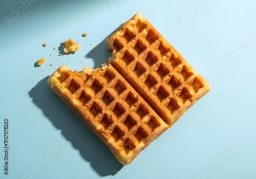 A golden brown waffle with a bite taken out of it rests on a pastel surface, creating an appealing food presentation with light and shadow, suggesting breakfast or a sweet treat that is ready