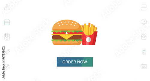 A stylized hamburger and a red carton of french fries are centrally positioned above an ORDER NOW button, flanked by faint food outline icons.