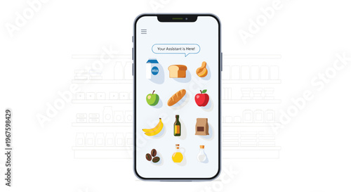 A modern smartphone displays a grocery shopping application interface with various food item icons against a subtle supermarket shelf background.