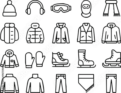 winter icons set line art clothing accessories beanie scarf jacket
