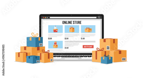 A silver laptop displays an online store interface with gift boxes and prices, surrounded by numerous brown and blue cardboard boxes on a white background.