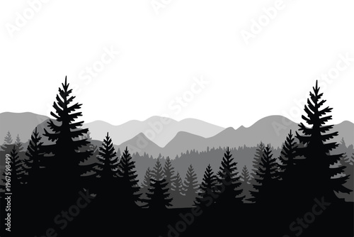 forest pine silhouettes with distant mountain layers vector background
