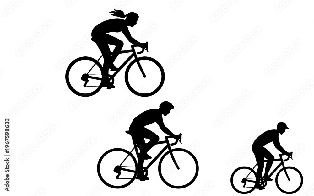 Naklejka premium Silhouette cyclists cycling on a bike against a light background.