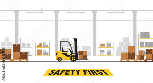 A yellow forklift carries a box on a pallet in a warehouse with a SAFETY FIRST banner on the floor.