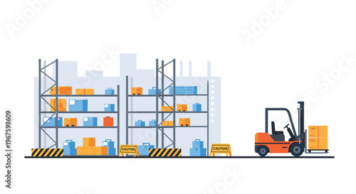 An orange forklift transports stacked boxes on a pallet in a busy warehouse with multiple shelves.