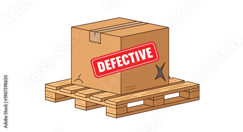 A defective brown cardboard box with a red stamp rests on a wooden pallet.
