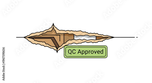 A horizontal tear in a white surface reveals internal brown layers with a green QC Approved stamp.