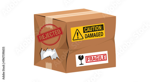 A severely crumpled brown cardboard box with multiple warning labels is isolated on a white background.
