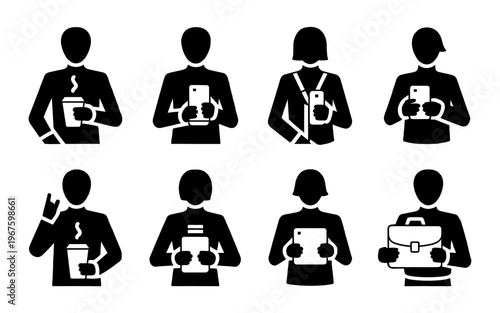 Collection of silhouettes of eight people each holding different objects.